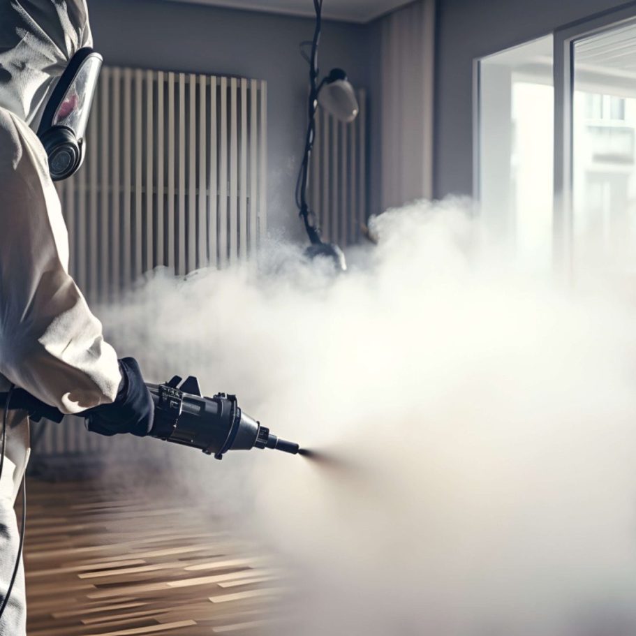 Techniciens effectuant un traitement par nébulisation dans un logement